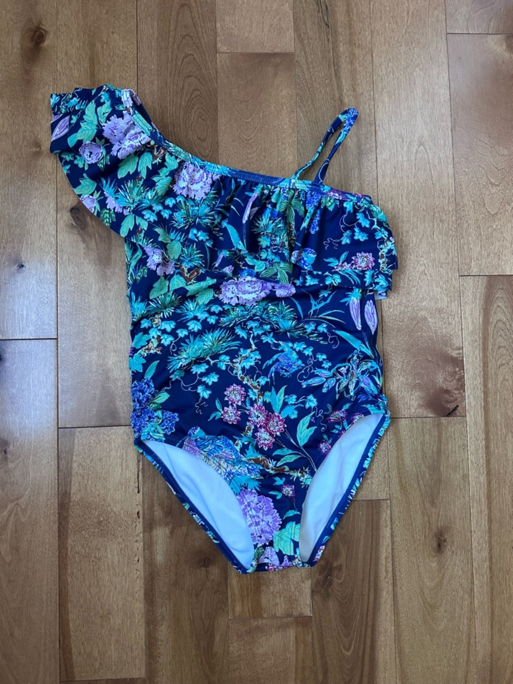 Janie and Jack Girls' Navy One-Shoulder Floral Swimsuit - Kids Swim